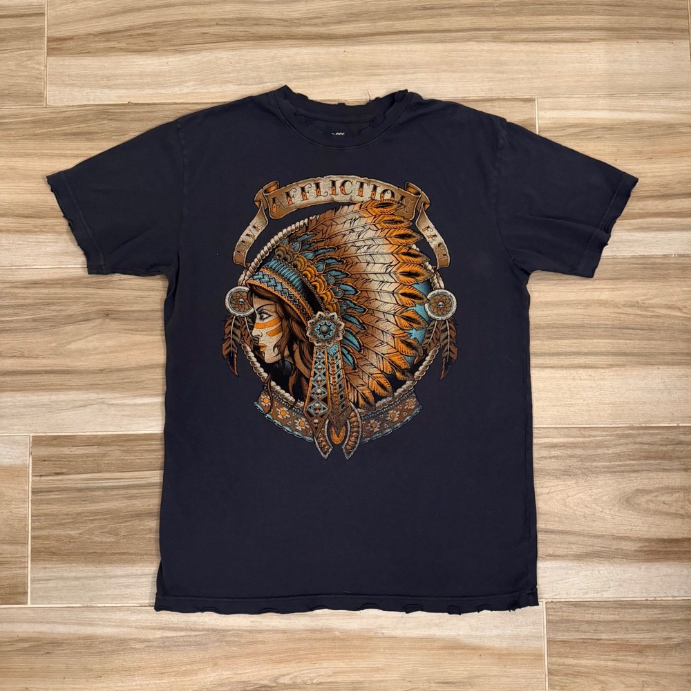 Affliction American Tattoo Graphic Mens Large Distressed Black Headdress Shirt
